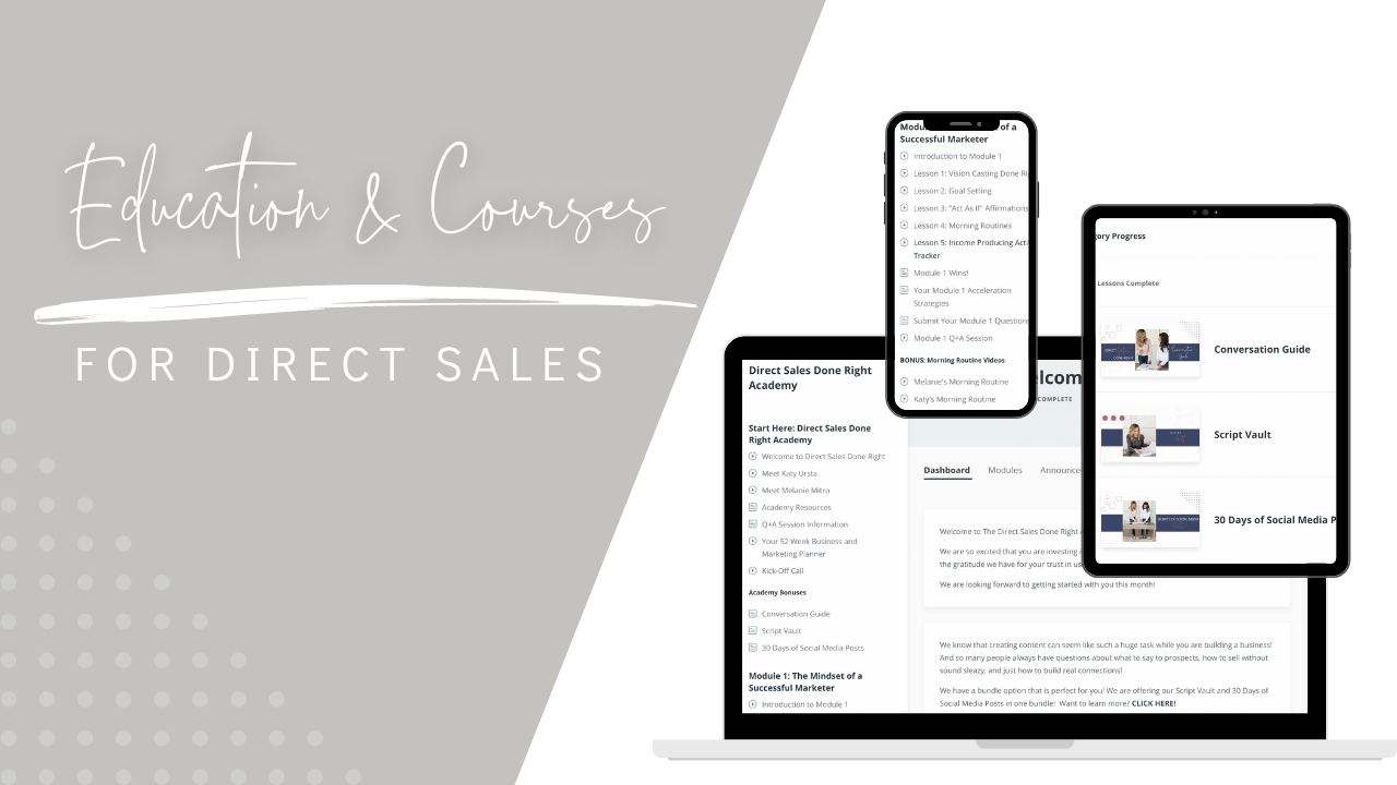 Desktop, tablet, and mobile screen listing direct sales and network marketing educational services and courses from Melanie Mitro and Katy Ursta, a.k.a. Chic Influencer.